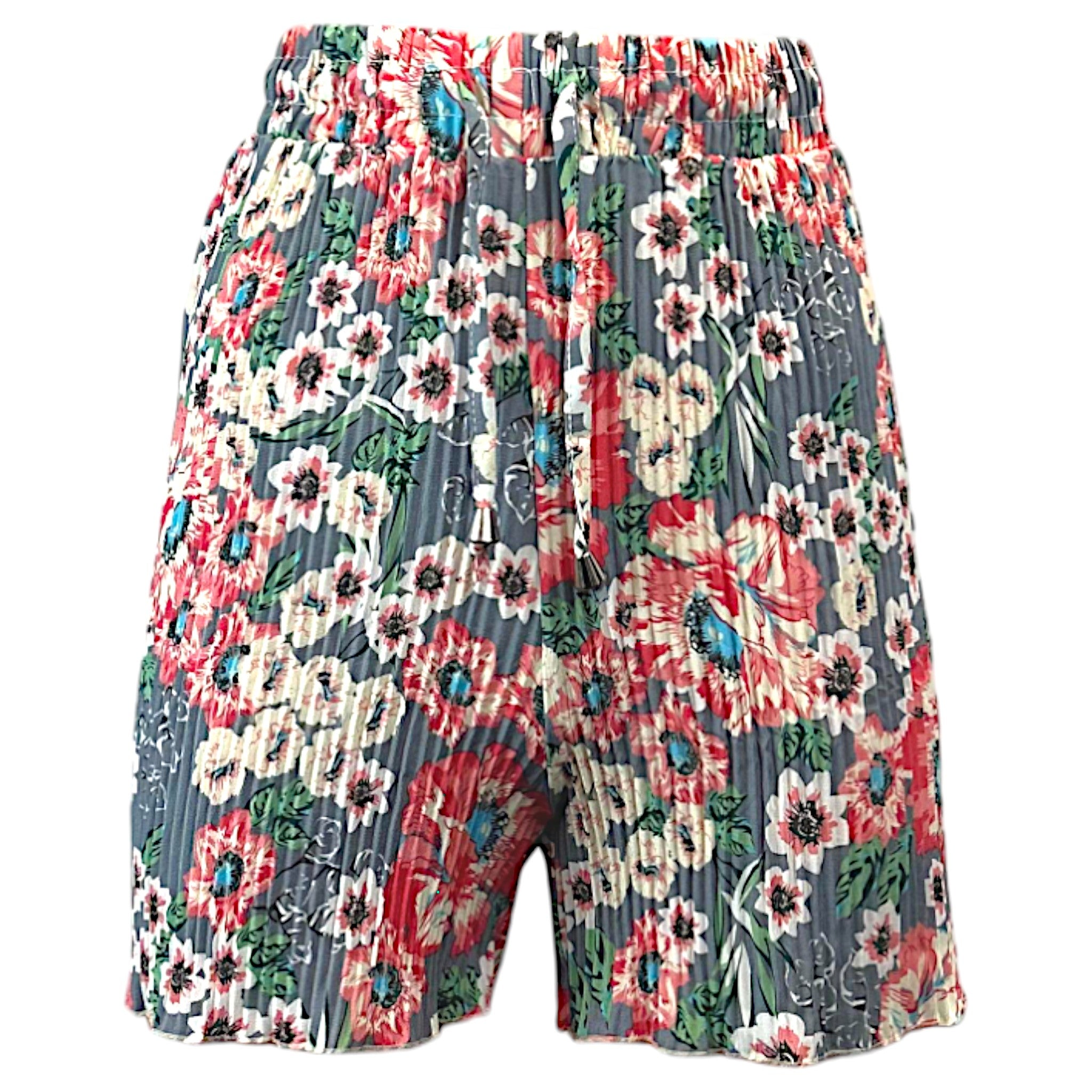 Women's pleated floral shorts with drawstring waist – dark grey background featuring red, ivory, and teal flower print